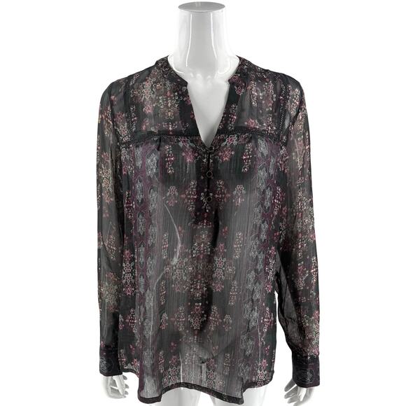 Maurices Womens Top Plus Size 0 (US 14) Black Pink Floral Sheer Printed Blouse - Picture 1 of 6
